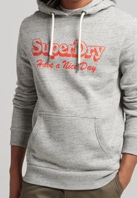 Felpa con cappuccio grigia realizzata in materiale morbido, con tasca frontale e coulisse. Logo "SuperDry" rosso con testo "Have a Nice Day" ben visibile.
