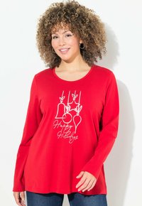 Rode lange mouwen T-shirt met witte feestelijke graphics, waaronder een bel, ster en ornament, met daaronder de tekst "Gelukkige Feestdagen".