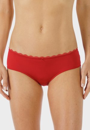 Red hipster-style panties made of smooth fabric, featuring a scalloped lace trim at the waistband and a simple bow accent at the center front.