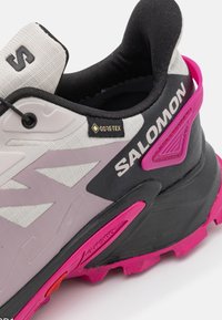 Zapatilla deportiva gris y negra con acentos rosas, que presenta una parte superior texturizada, un logo prominente y una suela resistente. Incluye una etiqueta Gore-Tex.