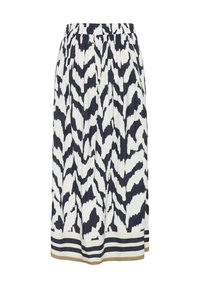 Een knielange rok in wit en marineblauw met een golvend patroon, voorzien van een elastische tailleband en een gestreepte zoom in donkerblauw en beige.
