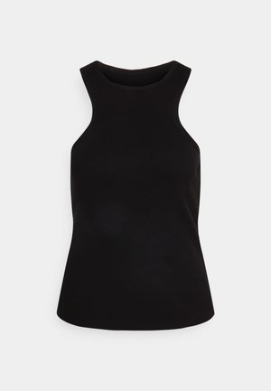 Black sleeveless tank top made of ribbed fabric, featuring a high neck and form-fitting design, with a smooth texture and no patterns.