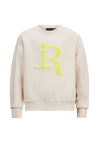 Felpa beige chiaro realizzata in tessuto morbido, con una grande lettera "R" in neon giallo e un dettaglio a stella sul davanti, e polsini a costine.