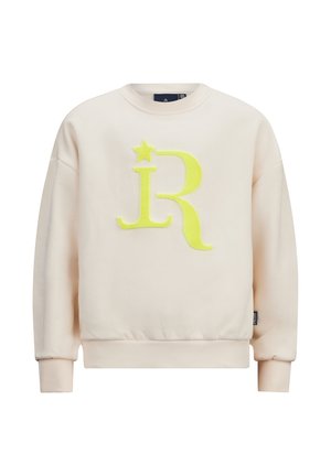 Lichtbeige sweatshirt gemaakt van zachte stof, met een grote, pluizige neongele "R" met een sterdetail op de voorkant en ribbelboorden.