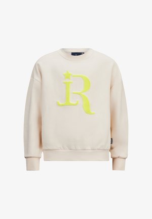 Helles beiges Sweatshirt aus weichem Stoff, mit einem großen, plüschigen neongelben "R" und einem Sternelement auf der Vorderseite sowie gerippten Bündchen.