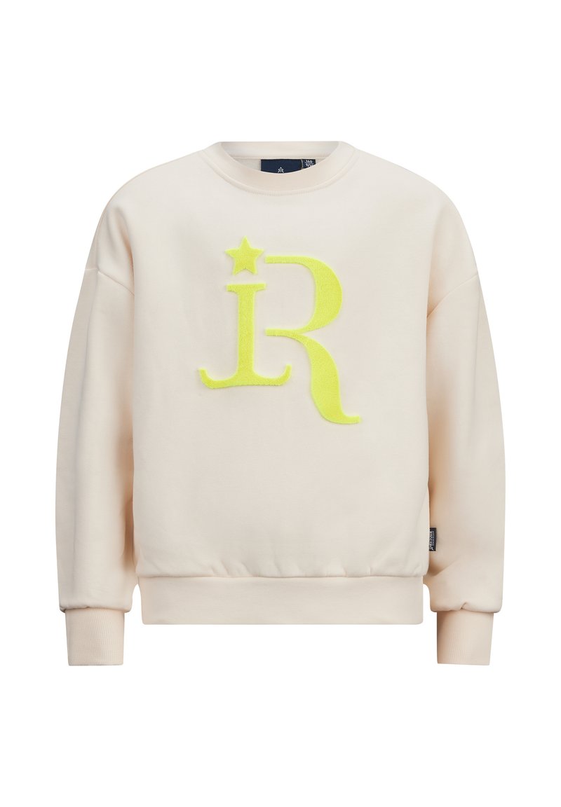 Felpa beige chiaro realizzata in tessuto morbido, con una grande lettera "R" in neon giallo e un dettaglio a stella sul davanti, e polsini a costine.