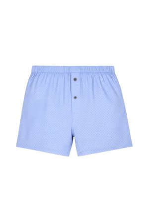 Light blue men's boxer shorts with small dark dot pattern and two front buttons, elastic waistband, laid flat on white background.