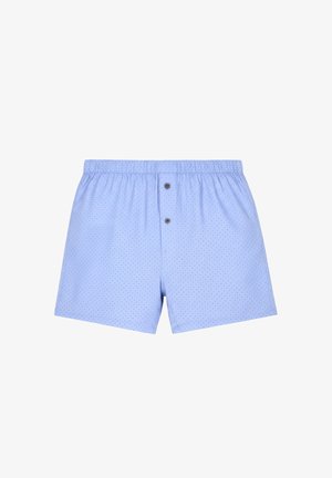Hellblaue Herrenboxershorts mit kleinem dunklem Punktemuster und zwei vorderen Knöpfen, elastischer Bund, flach auf weißem Hintergrund ausgelegt.