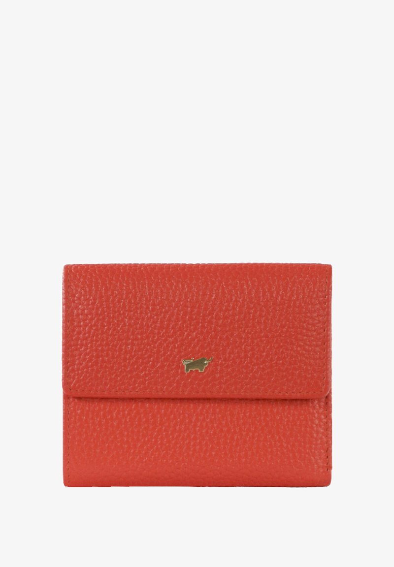 Red leather wallet with a textured finish, featuring a gold accent logo on the front and a fold-over flap design. Rectangular shape.