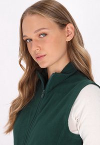 Grön zip-up fleeceväst med ståkrage, med en mjuk textur och ren design. Bärs över en ljus långärmad topp.