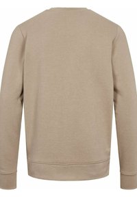Beige Sweatshirt mit langen Ärmeln, Rundhalsausschnitt und gerippten Bündchen und Saum. Weicher Stoff mit glatter Textur und minimalistischem Design.