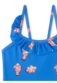 Blauer ärmelloser Badeanzug mit Rüschenausschnitt und buntem Fischmuster. Der Stoff ist glatt mit einem glänzenden Finish. Verstellbare Träger.