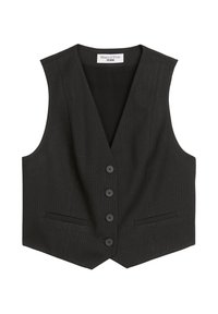 Schwarze Nadelstreifenweste mit tiefem V-Ausschnitt, sechs vorderen Knöpfen und zwei seitlichen Taschen. Hergestellt aus einem glatten Stoff mit taillierter Passform.