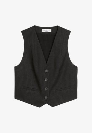 Zwarte pinstripe gilet met een diepe V-hals, zes knopen aan de voorkant en twee zijzakken. Gemaakt van een gladde stof met een getailleerde pasvorm.