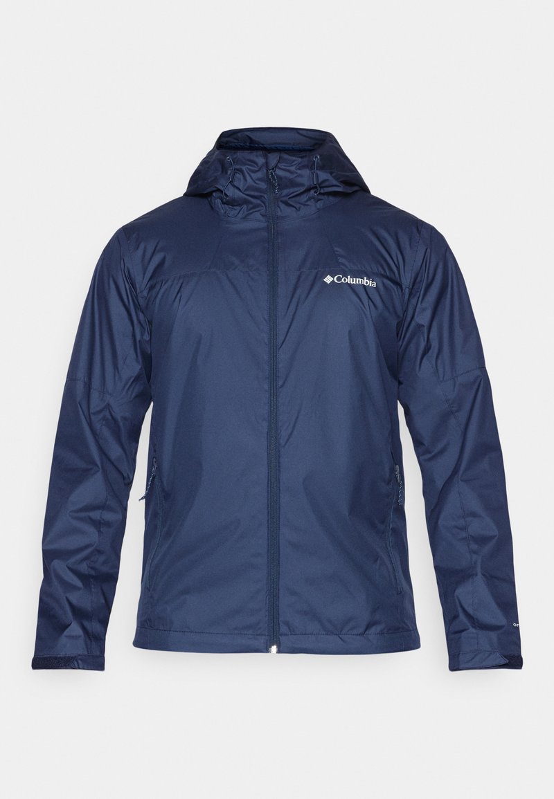 Marineblaue Regenjacke mit Kapuze, durchgehendem Reißverschluss, zwei seitlichen Taschen und Columbia-Logo auf der linken Brust. Glattes, wasserabweisendes Material.