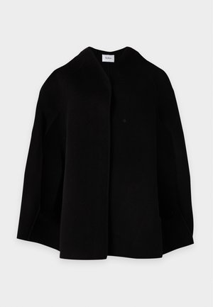 Schwarze langärmelige Jacke mit offenem Vorderteil und Kragen, flach auf weißem Hintergrund dargestellt, zeigt ein sauberes, minimalistisches Design.