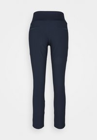 Navy stretch pants with a wide waistband, featuring two back pockets and a fitted design with a smooth texture.