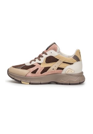 Low-top sneaker in brown, beige, pink, and cream with mesh and suede panels and a thick rubber sole.