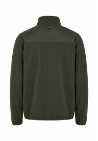Veste polaire vert foncé à manches longues et col montant, vue de dos sur fond blanc.