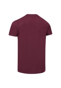 Tricou bordo cu guler rotund, mâneci scurte și o textură netedă. Nu sunt vizibile modele sau grafice. Vedere din spate.