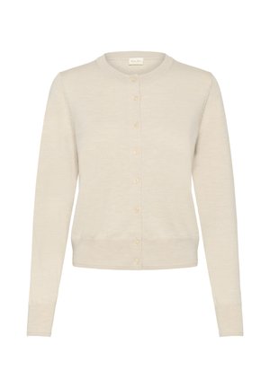 Beige cardigan made from soft, lightweight fabric. Features a round neckline, long sleeves, and a button-front closure with small buttons.