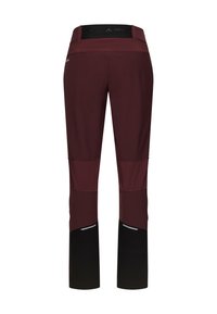 Dunkelrote Damen-Outdoohosen mit schwarzen verstärkten Unterschenkeln und einem breiten Bund, von hinten dargestellt.