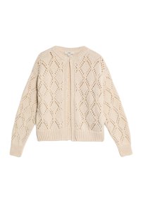 Hellbeige Strickjacke mit Rautenmuster, gerippten Bündchen und rundem Ausschnitt. Offenes Frontdesign mit strukturiertem Finish.