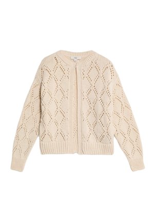 Cardigan a maglia beige chiaro con un motivo a rombi, polsini a coste e scollo rotondo. Design con apertura frontale e finitura testurizzata.