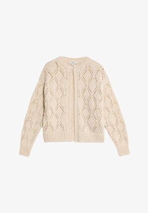 Cardigan a maglia beige chiaro con un motivo a rombi, polsini a coste e scollo rotondo. Design con apertura frontale e finitura testurizzata.