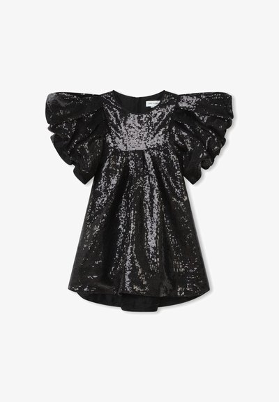 Μαύρο φόρεμα με λαμπερά παγιέτες, κοντά ρυτιδωτά μανίκια και στρογγυλή λαιμόκοψη. Φαρδιά σχεδίαση με μήκος που ανυψώνεται στην πλάτη.