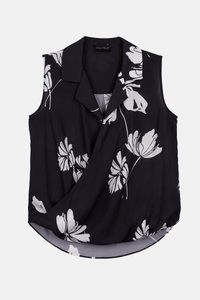 Blusa senza maniche nera con un design piegato, caratterizzata da un motivo floreale bianco. Tessuto morbido con colletto e orlo curvo.