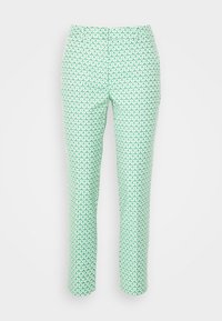 Pantalon vert à motifs avec un design en losange. Fabriqué en tissu léger, il a une coupe ajustée et une taille standard avec des poches avant.