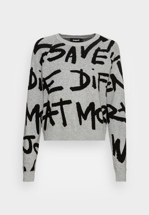 Pull gris à manches longues avec texte en style graffiti noir couvrant le devant et les manches, col rond, poignets et ourlet côtelés.