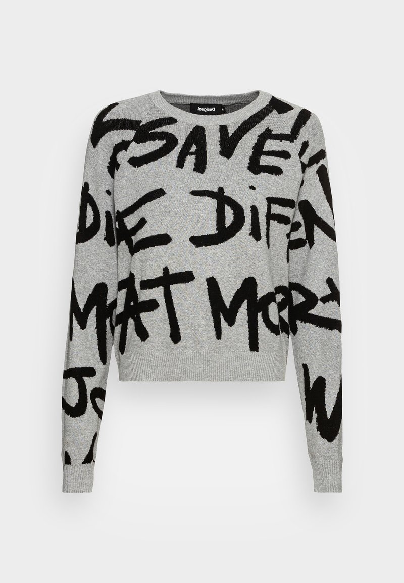 Pull gris à manches longues avec texte en style graffiti noir couvrant le devant et les manches, col rond, poignets et ourlet côtelés.