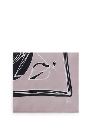 Foulard quadrato lavanda con motivi astratti di foglie in bianco e nero e un sottile bordo nero, con il nome del marchio "MIRIADE" nell'angolo.