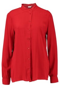 Chemise rouge à manches longues avec col mandarin, fermeture à boutons sur le devant, en tissu lisse et léger. Aucun motif ni accent visible.