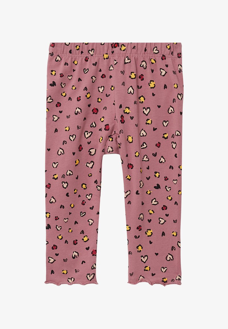 Roze leggings met een hart- en luipaardprint, voorzien van een rekbare tailleband en golvende manchetten voor detail.