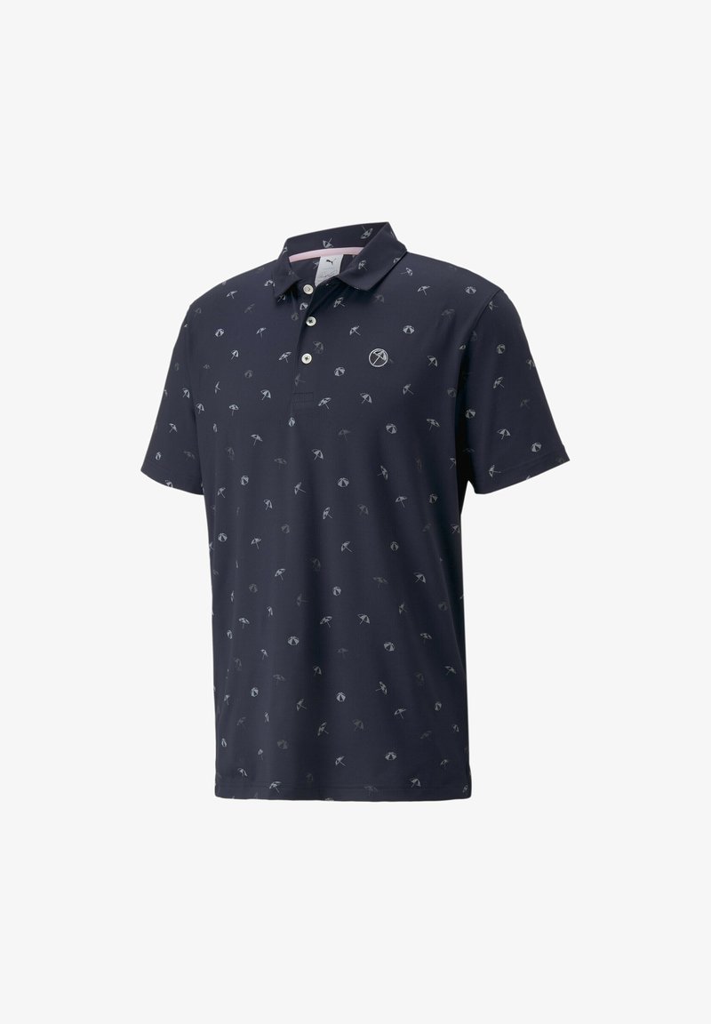 Navy polo shirt featuring a subtle pattern of light gray icons, collared design with two buttons, smooth texture, and branded logo on the chest.