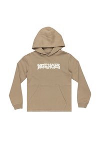 Beige hoodie met een grote witte grafiek "DECHOES" over de borst, een kangoeroezak en ribgebreide manchetten. Zachte stof met een relaxte pasvorm.