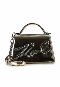 Borsa in oro metallizzato con design strutturato, dotata di tracolla a catena argentata e logo "Karl" in rilievo ben visibile sulla parte anteriore.