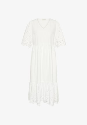 Valge puuvillane kleit lühikeste puffvarrukatega, V-kaelusega ja õhupitsiga. Laineline disain koos volangiga. Kerge ja hingav kangas.