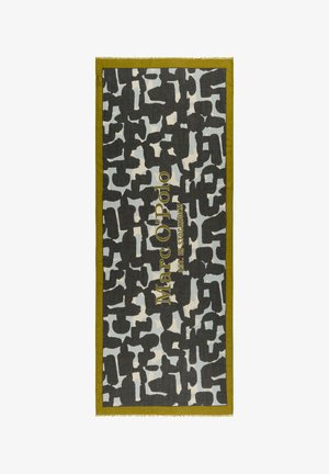 Schwarz-hellblaues abstraktes Muster auf einem strukturierten Handtuch, umrandet von olivgrün und mit "Marc O'Polo"-Logo versehen.