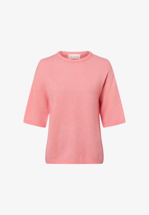 Kurzärmeliges, rosa Sweatshirt aus weichem Stoff mit rundem Ausschnitt und schlichtem, nahtlosem Design. Keine Muster oder Akzente vorhanden.