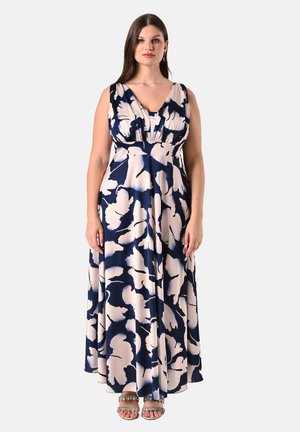 Marineblauwe en crèmekleurige bloemen maxi-jurk met een diepe V-hals, geplooide borsten en een vloeiende rok. Draagt het met versierde sandalen.