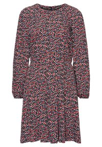 Šaty s květinovým potiskem v námořnické modři s dlouhými rukávy, zdobené červenými, bílými a hnědými akcenty. Mají kulatý výstřih a rozšířenou sukni.