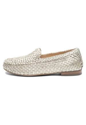 Light beige woven leather loafer with a low wooden heel and rounded toe, shown from the right side on a white background.
