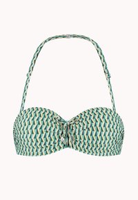 bikinitop in groen met geometrisch patroon in tinten blauw en geel, met geplooide details, een strik in het midden en verstelbare bandjes.