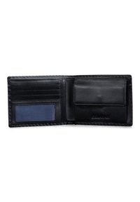 Black leather bifold wallet with multiple card slots, a clear ID window, and a divided bill compartment. Smooth texture and neat stitching.