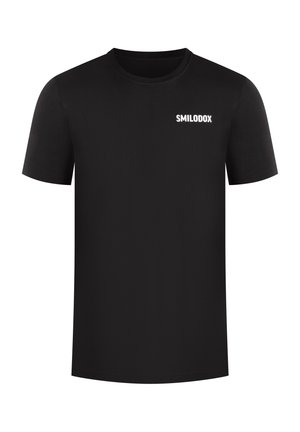 Schwarzes Kurzarm-T-Shirt aus glattem Stoff mit einem weißen "SMILODOX"-Logo auf der linken oberen Brust. Klassischer Rundhalsausschnitt.