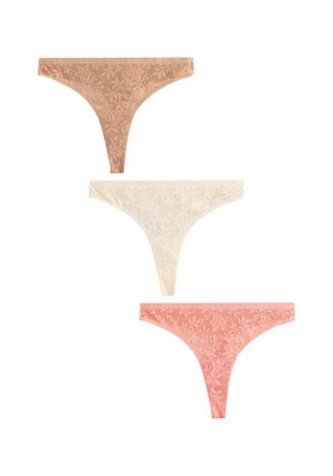 Spitzen-String-Tangas in drei Farben: Hellbraun, Elfenbein und Rosé. Jede hat florale Muster und eine glatte Textur.